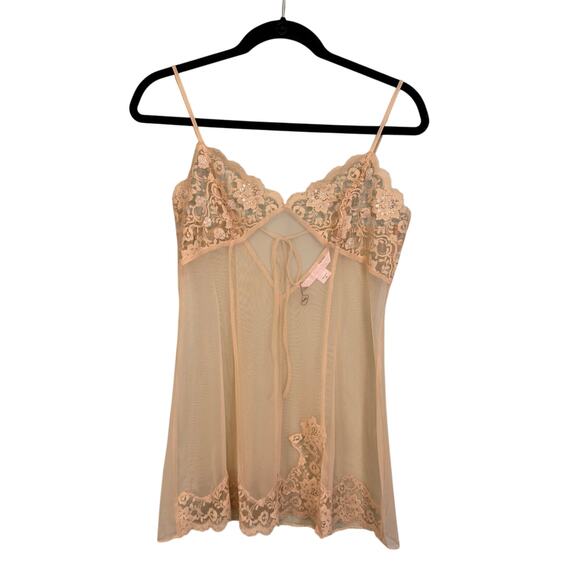 Victoria’s Secret Other - Victoria’s Secret Slip Babydoll Lingerie Womens M Tan Floral Lace Sheer Bridal
